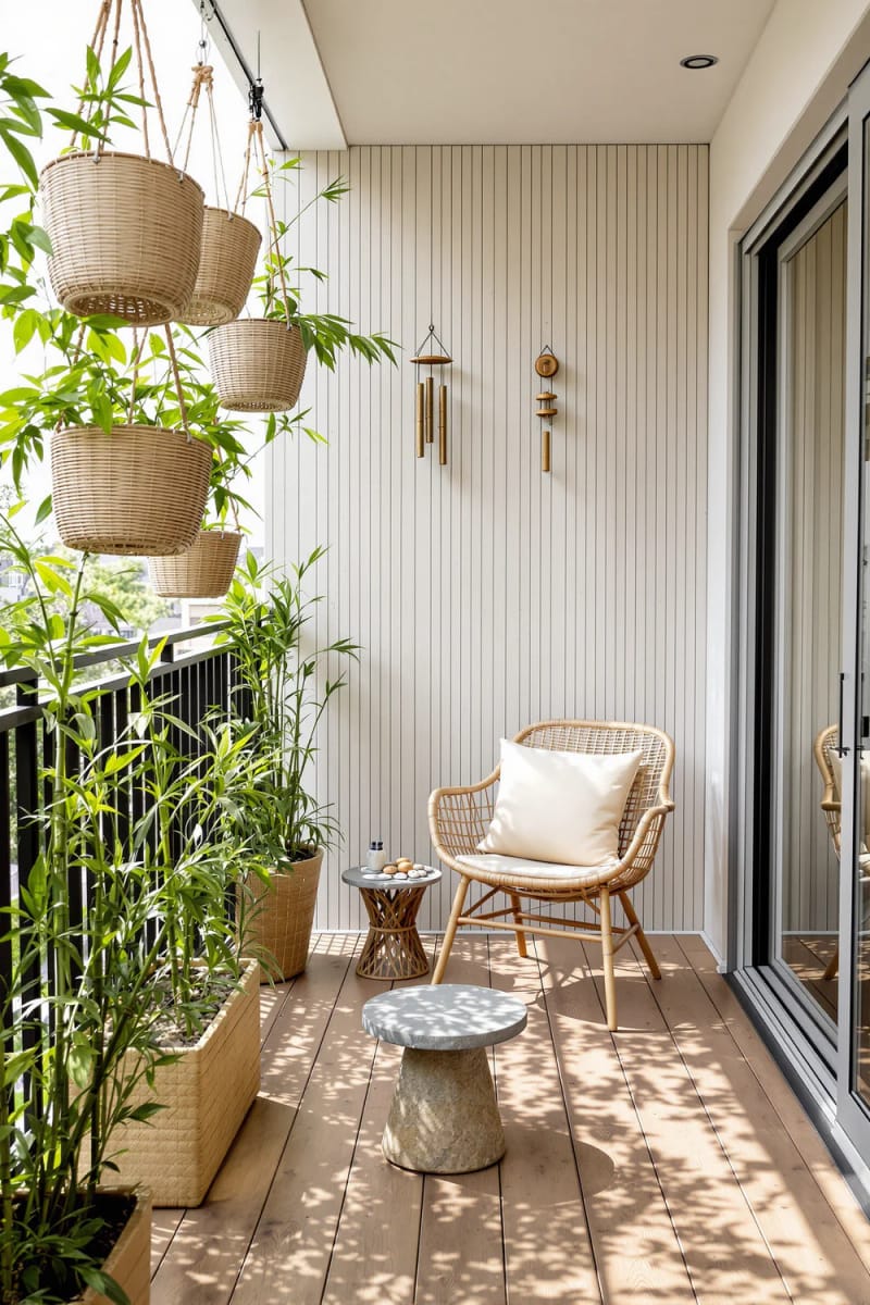 15 unique balcony with hanging plants for urban rooms 33 Zen retreat with bamboo planters and wind players 1
