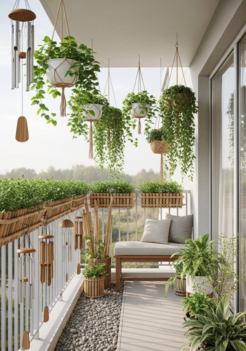 15 unique balcony with hanging plants for urban rooms 34 Zen retreat with bamboo planters and wind players 1