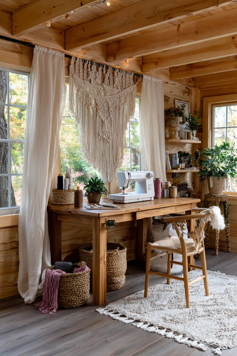 Boho macrame wall hangs over sewing machines -setup 1