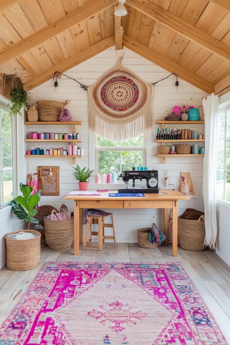 Boho macrame wall hangs over sewing machines -setup 1