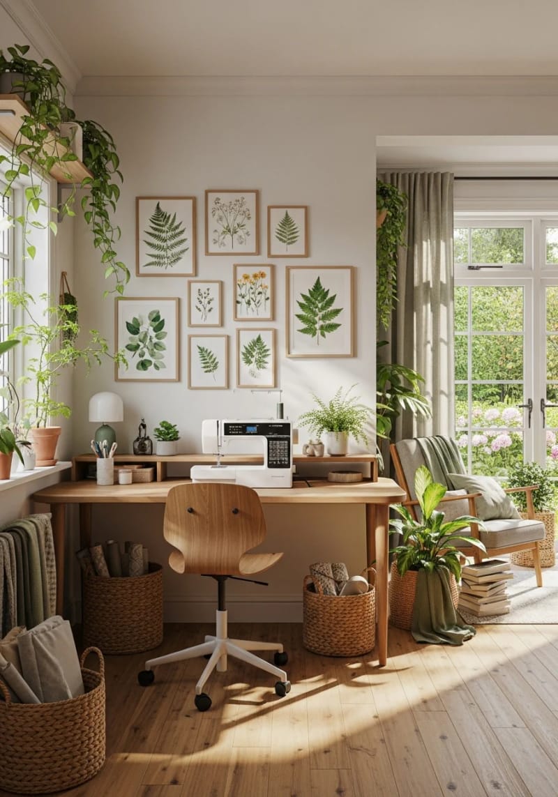 Botanical prints and natural wood accents for calming down the work area 1