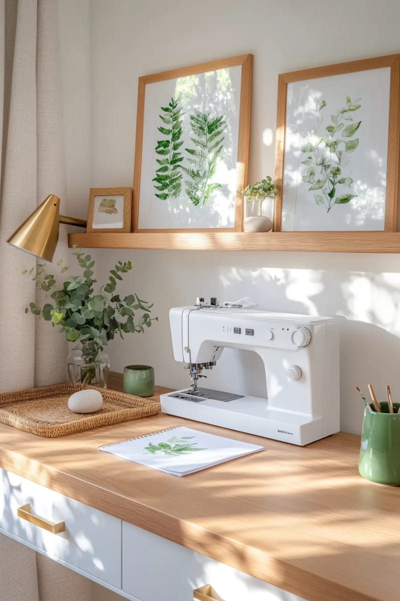 Botanical prints and natural wood accents for calming down the work area 1