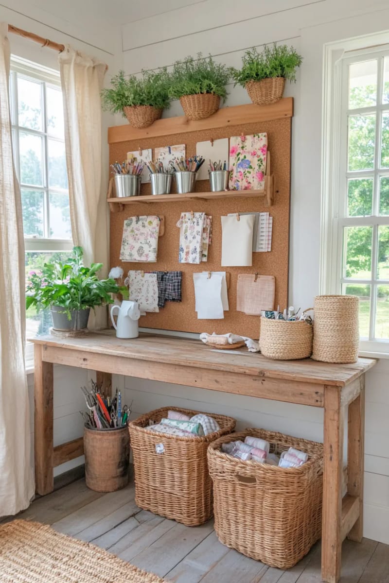15 sewing room organization ideas to remove and inspire creativity 33 Corkboard inspiration wall with tight sewing patterns and fabric cuttings 1