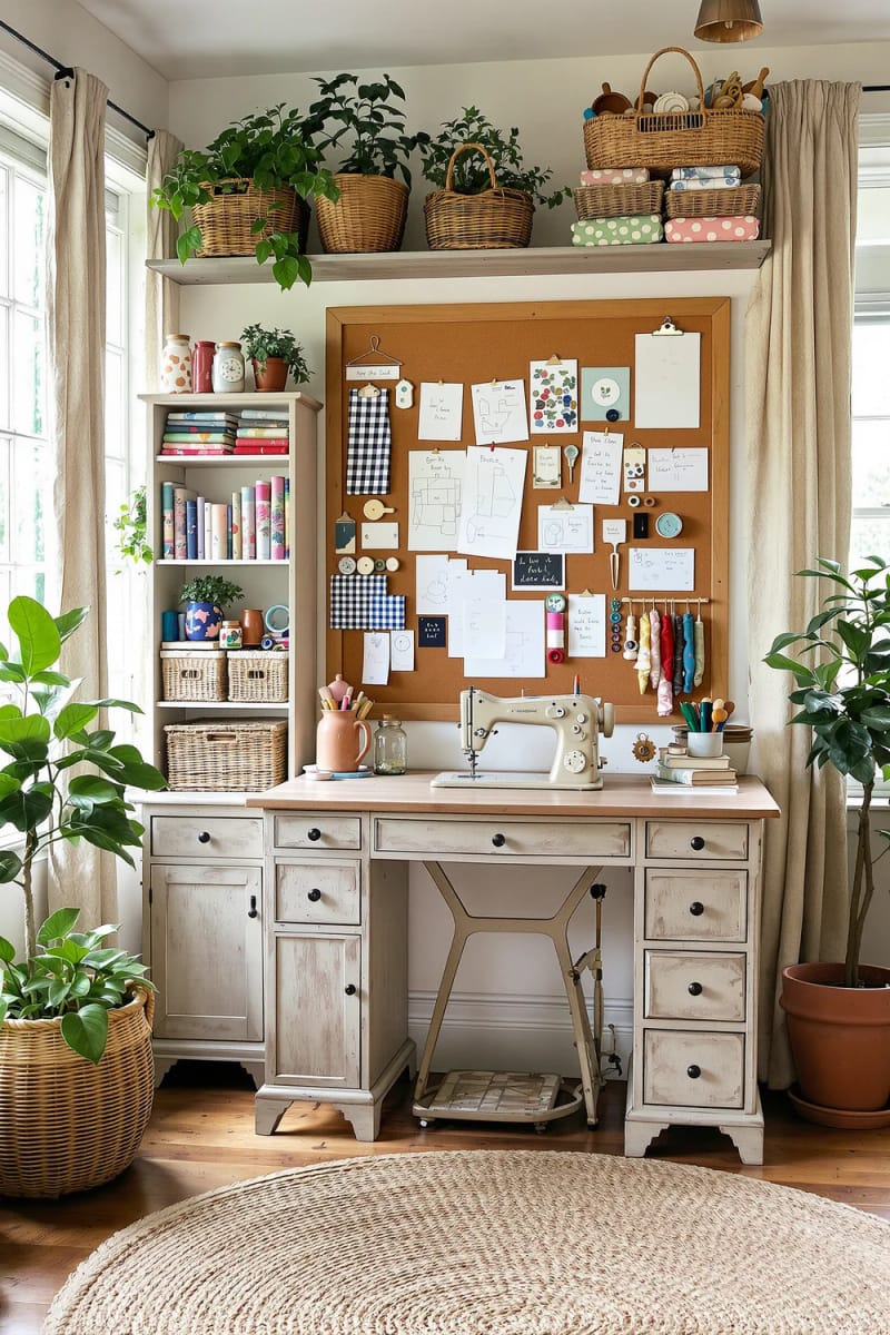 15 sewing room organization ideas to remove and inspire creativity 34 Corkboard inspiration wall with tight sewing patterns and fabric cuttings 1