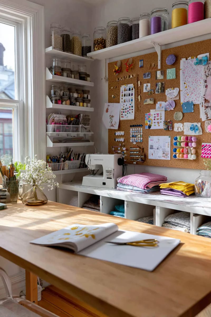 15 sewing room organization ideas to remove and inspire creativity 35 Corkboard inspiration wall with tight sewing patterns and fabric cuttings 1