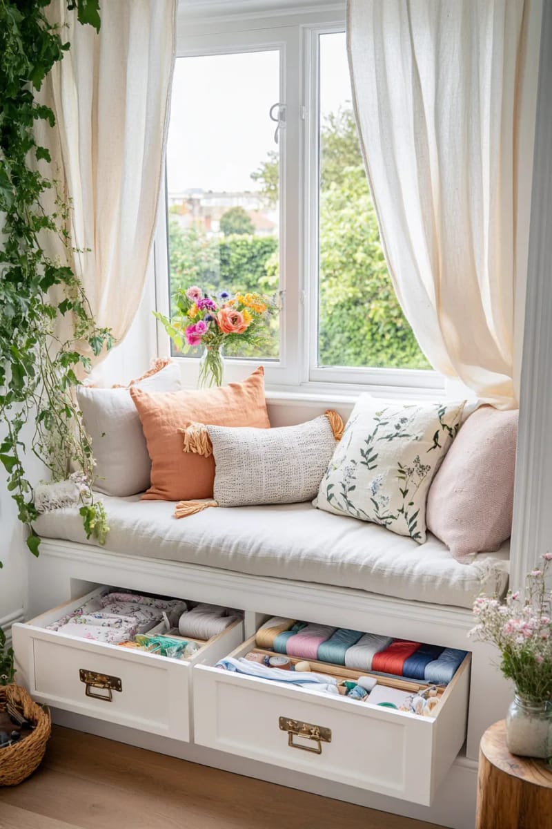 Cozy window seat with warehouse drawer for the sewing accessories 1
