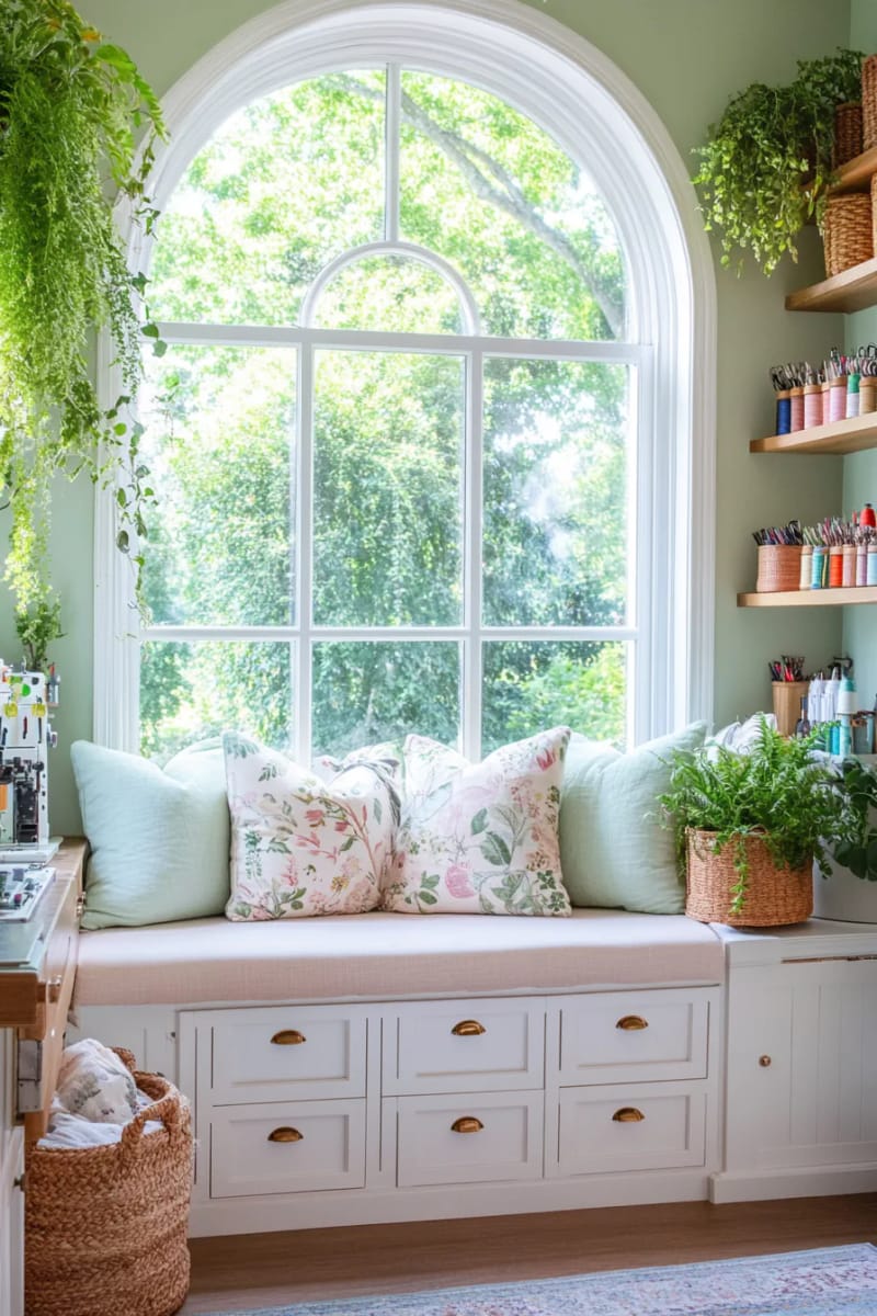 Cozy window seat with warehouse drawer for the sewing accessories 1
