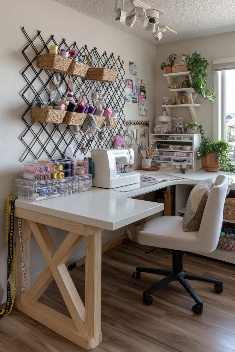 Floating corner desk with modern network wire wall art 1 1