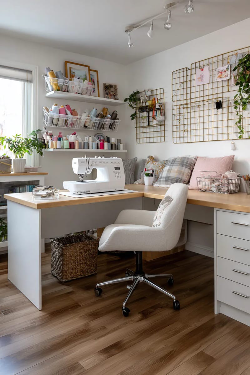 Floating corner desk with modern network wire wall art 1 1