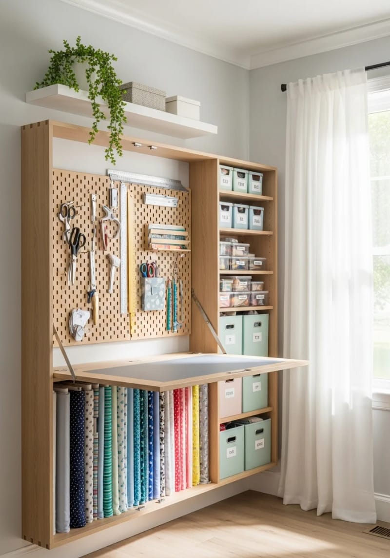 15 sewing room organization ideas to remove and inspire creativity 8 Folded cutting station with the wall with a hidden linen cabinet behind 1