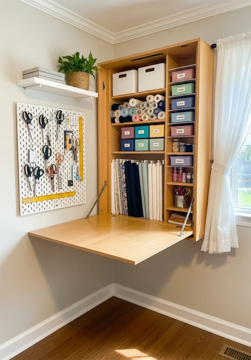 15 sewing room organization ideas to declare and inspire creativity 9 Folded cutting station with the wall with a hidden linen cabinet behind 1
