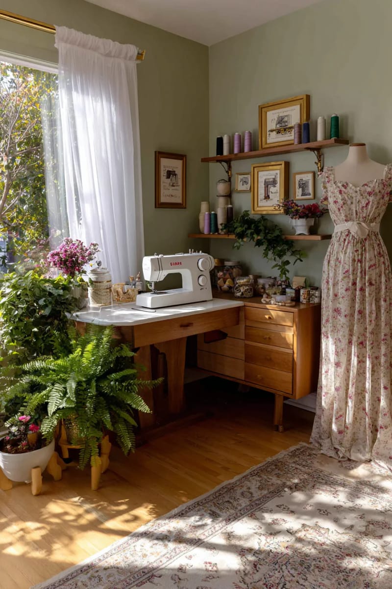 Gallery wall with vintage sewing machine images 1