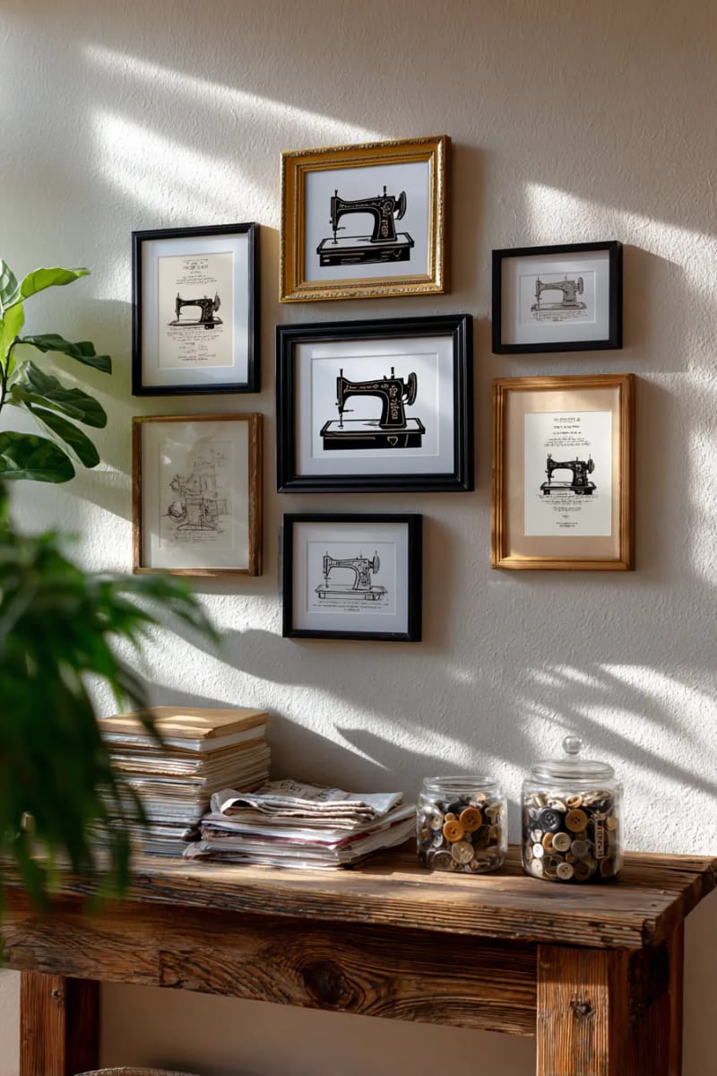 Gallery wall with vintage sewing machine images 1