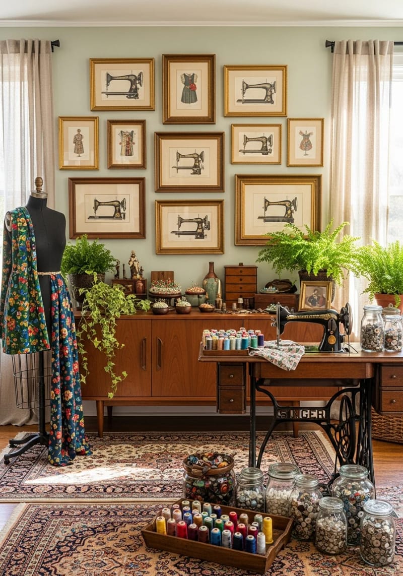 Gallery wall with vintage sewing machine images 1