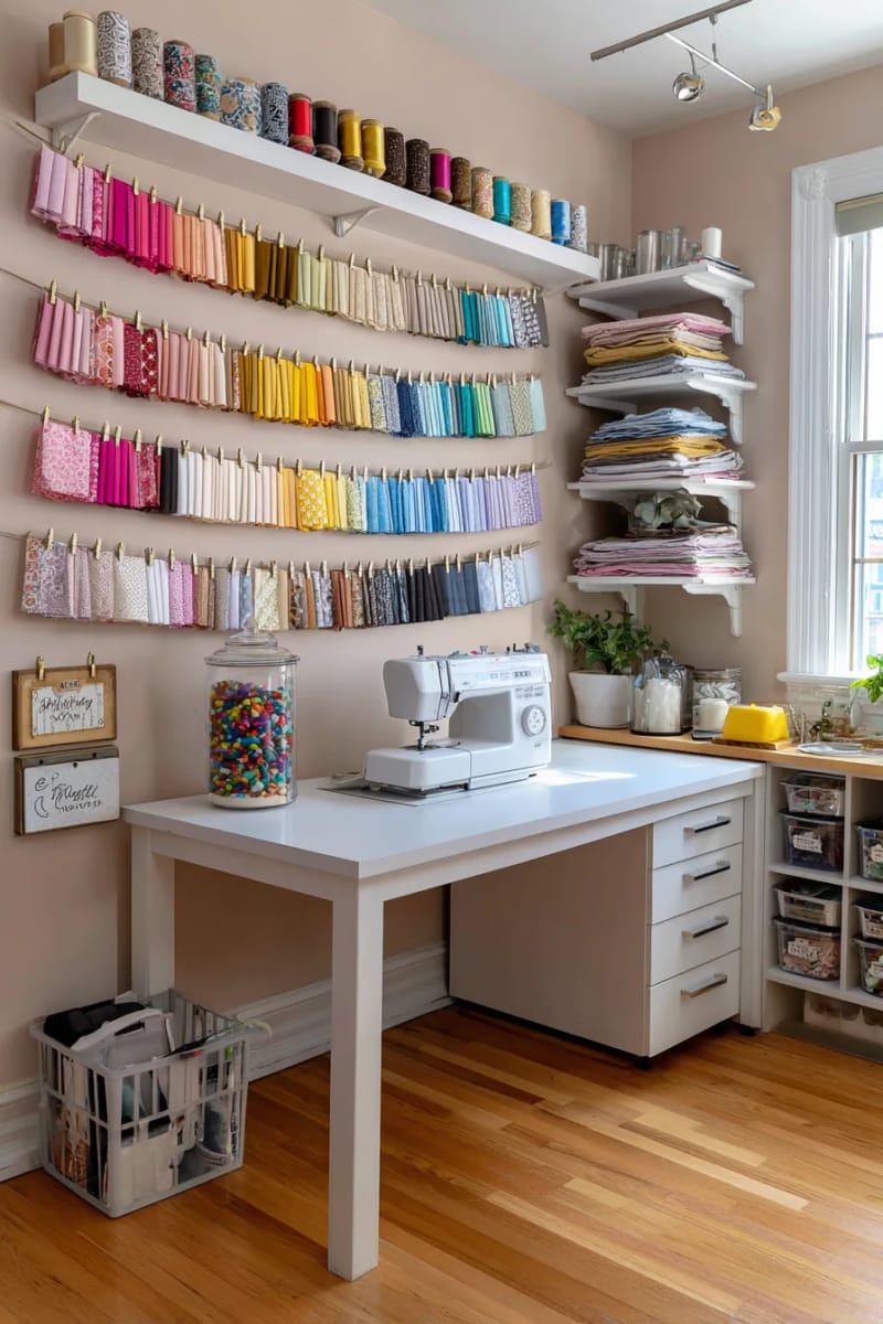 15 sewing room organization ideas to declare and inspire creativity 22 Hanging fabric pattern banners for fast color adjustments and decor 1 1