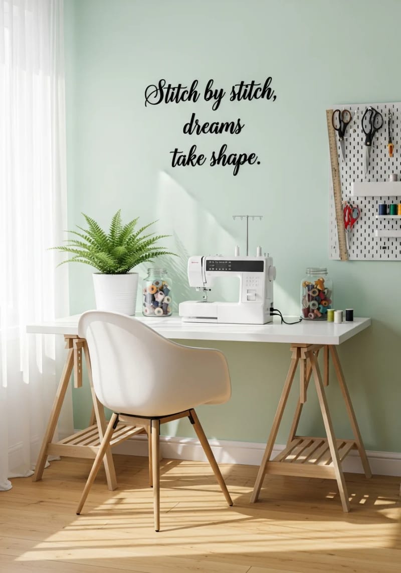 Inspirational citate deductor over a minimalist sewing table 1