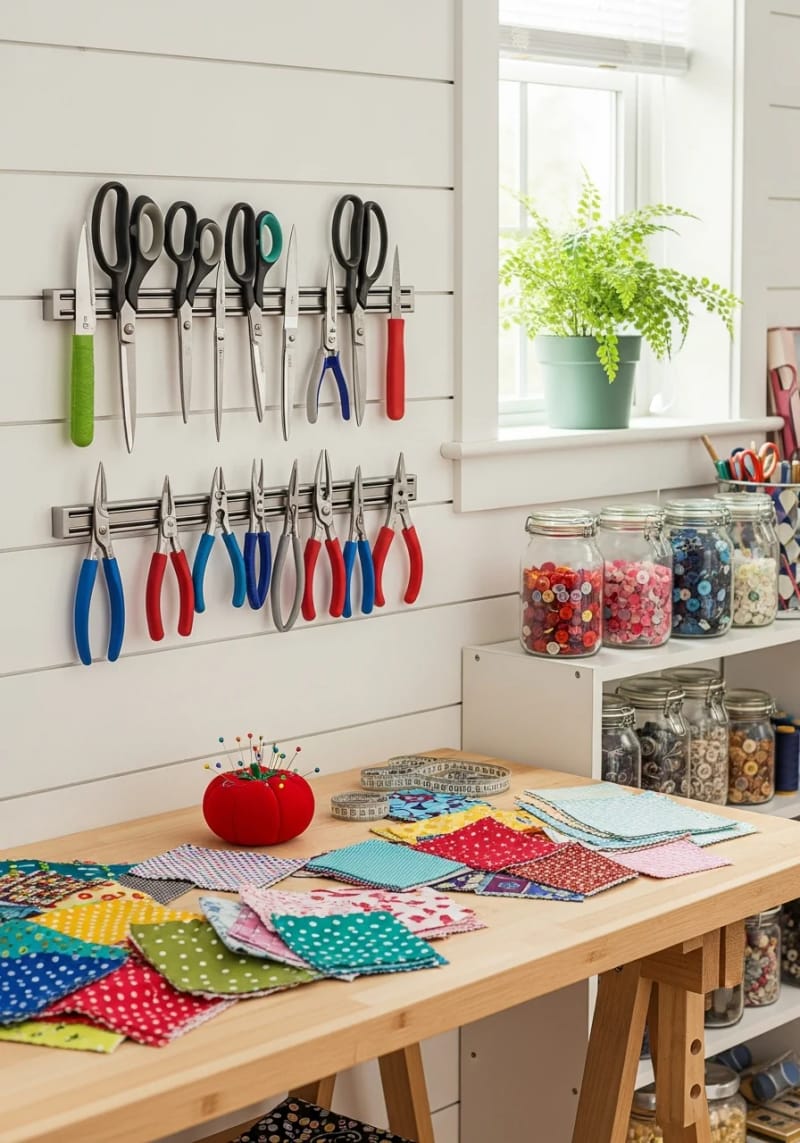 15 sewing room organization ideas to declare creativity and inspire 19 Magnetic knife rod mounted to keep metal sewing tools and snips 1 1