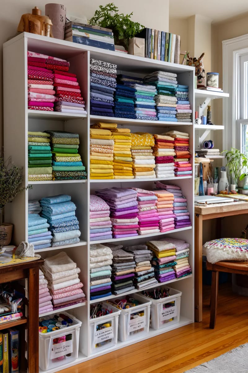 15 sewing room organization ideas to declare creativity and inspire 26 Open bookcase with folded fat quarters and color -coded containers 1 stacked 1