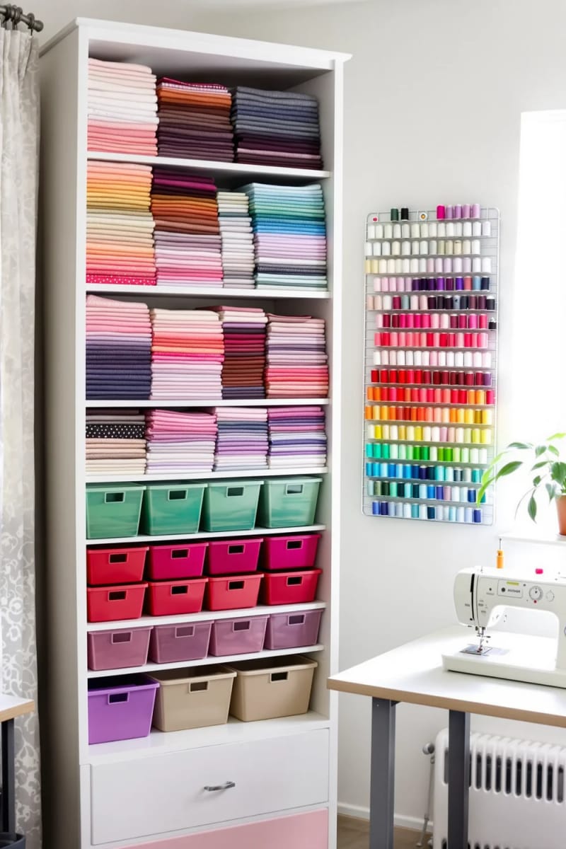 15 sewing room organization ideas to declare creativity and inspire 27 Open bookcase with folded fat quarters and color -coded containers 1 stacked 1