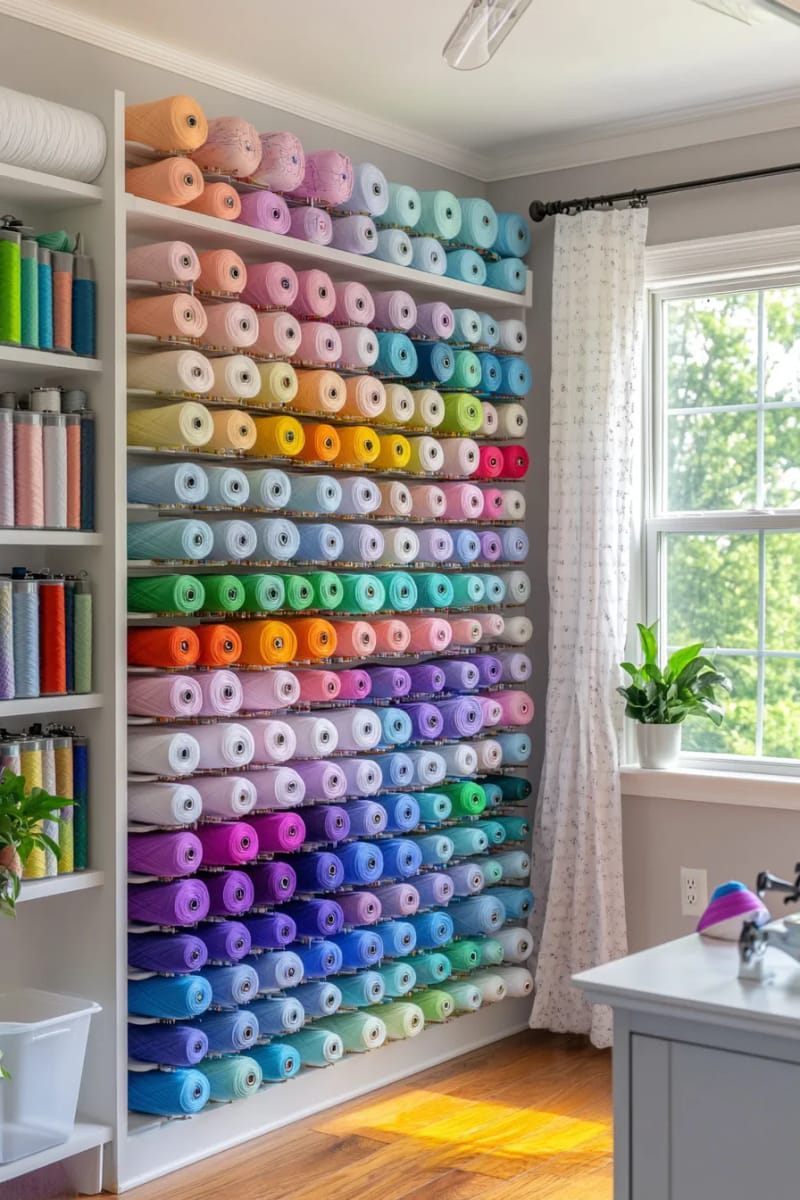 15 sewing room organizational ideas to remove and inspire creativity 28 Open bookcase with folded fat quarters and color -coded containers 1 stacked 1