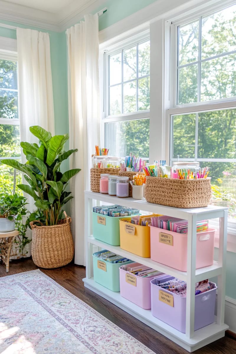 Pastel storage container stacked in an open shelf unit 1