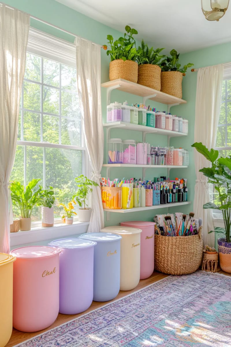 Pastel storage container stacked in an open shelf unit 1