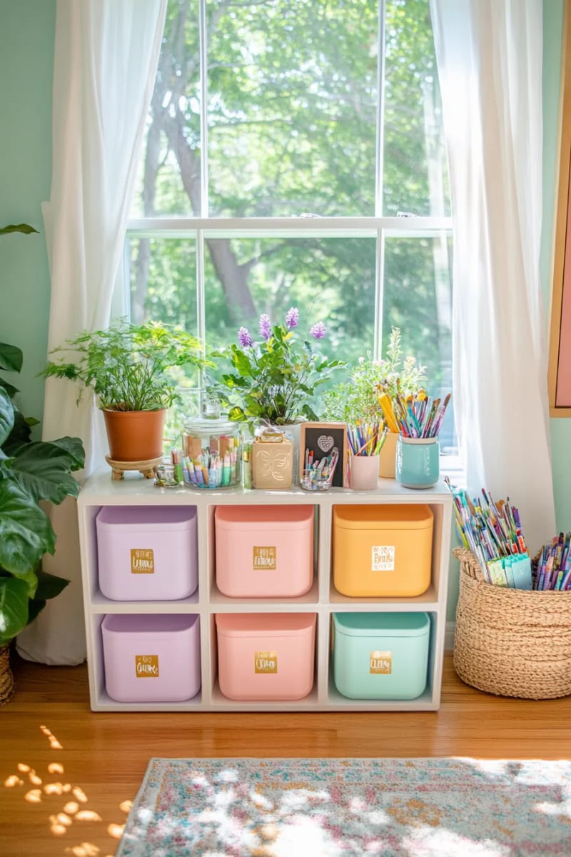 Pastel storage container stacked in an open shelf unit 1