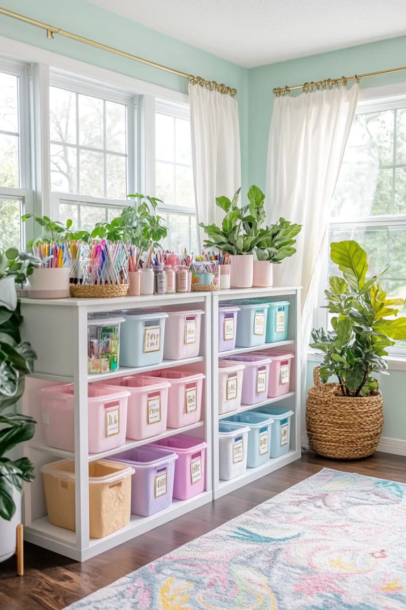 Pastel storage container stacked in an open shelf unit 1