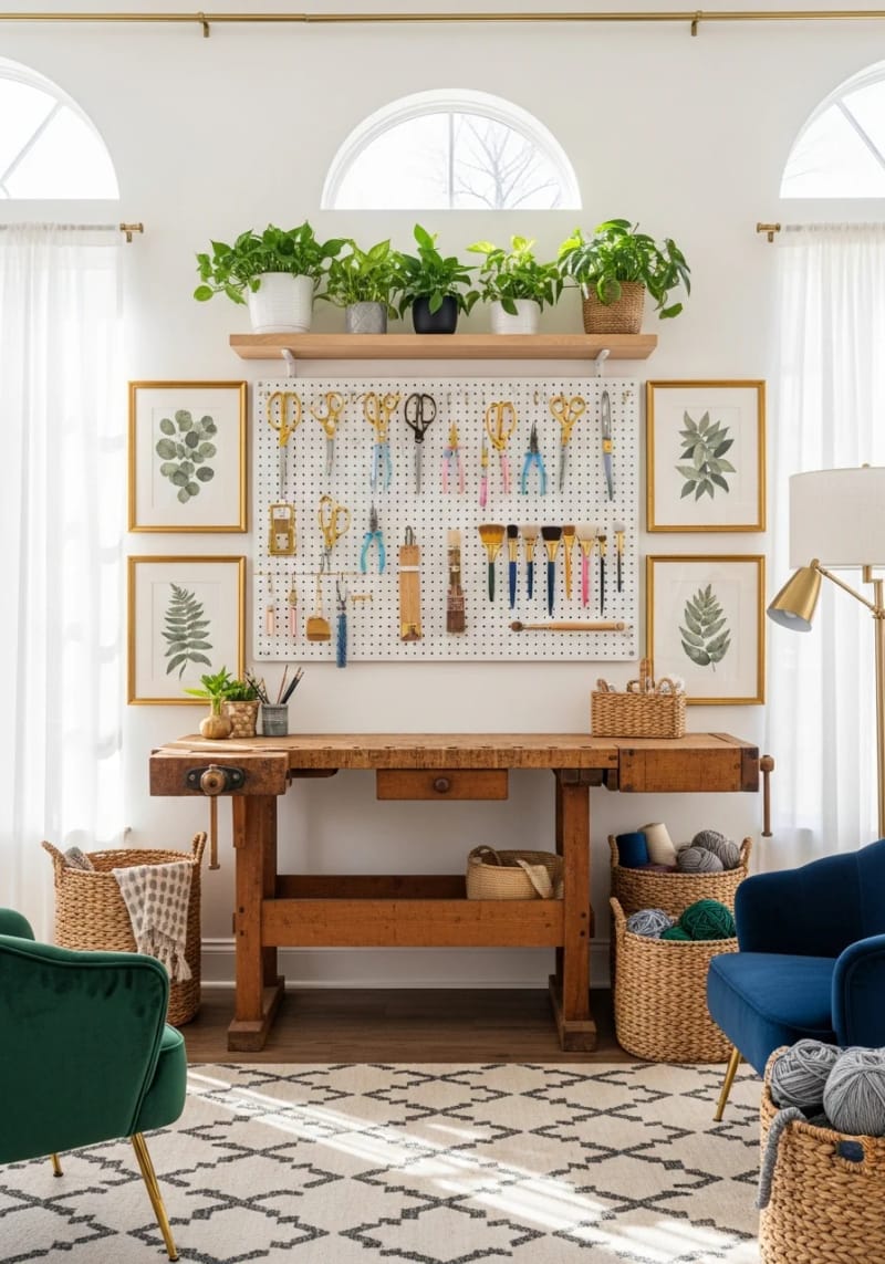 Pegboard organizer with golden hooks for stylish tool display 1