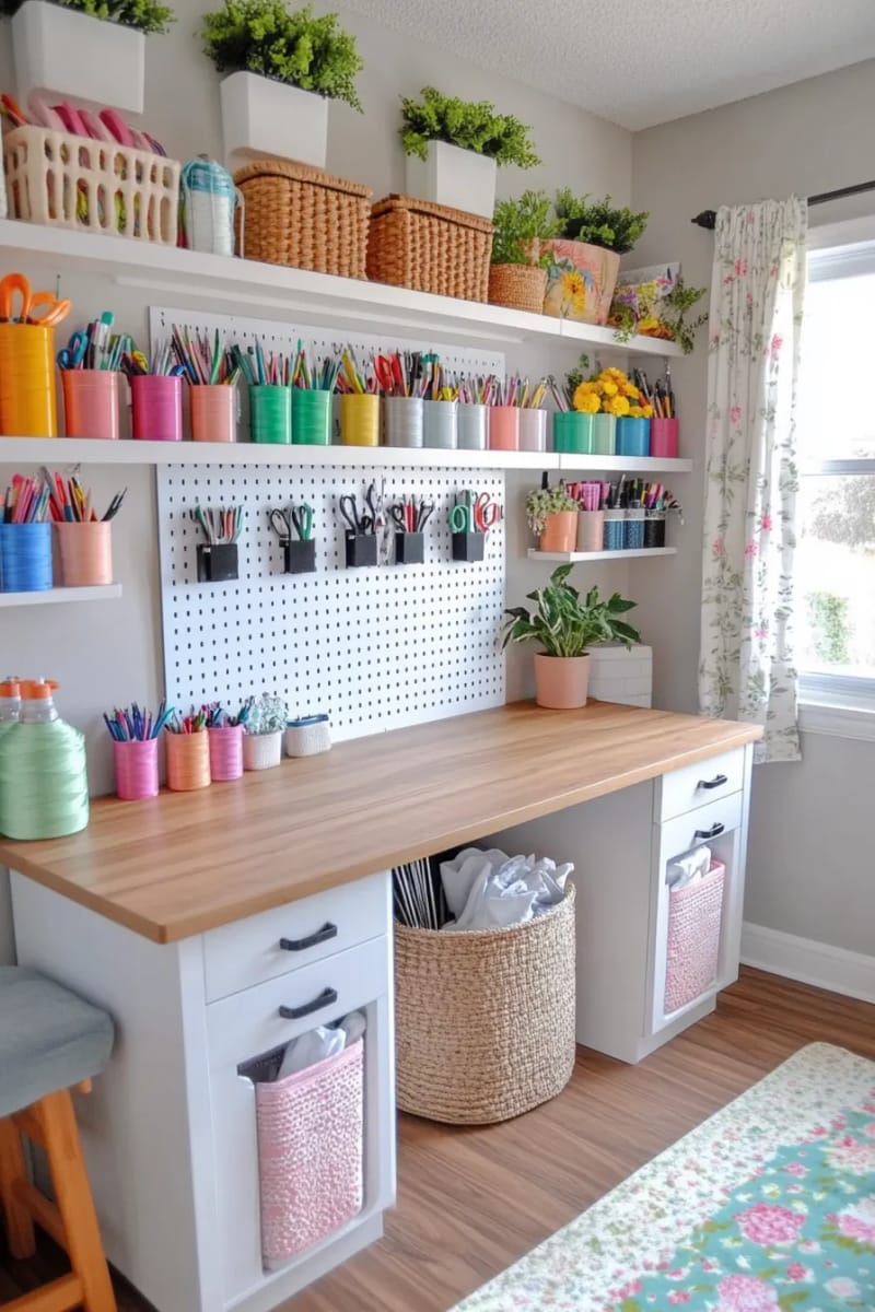 15 sewing room organization ideas to declare and inspire creativity 4 Pegboard tool wall with labeled hooks for scissors, rulers and rotary cutters 1