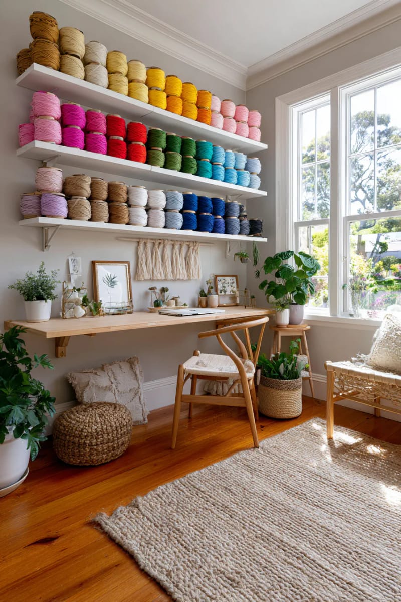 Rainbow thread wall art with floating shelves and color coordinated coils 1