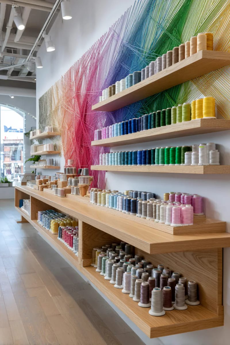 Rainbow thread wall art with floating shelves and color coordinated coils 1
