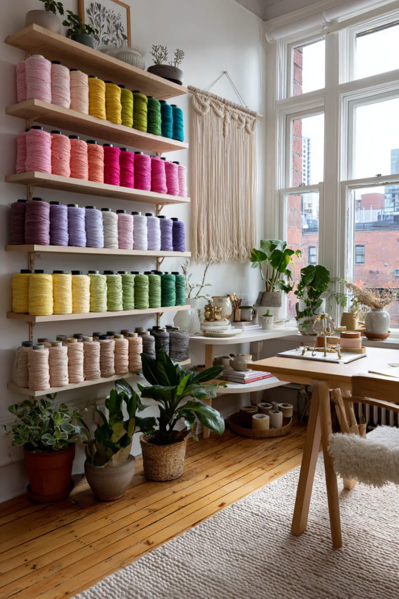 Rainbow thread wall art with floating shelves and color coordinated coils 1