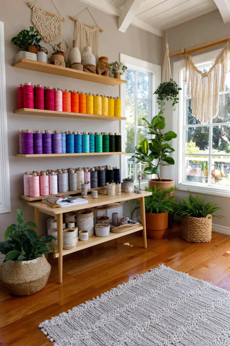 Rainbow thread wall art with floating shelves and color coordinated coils 1