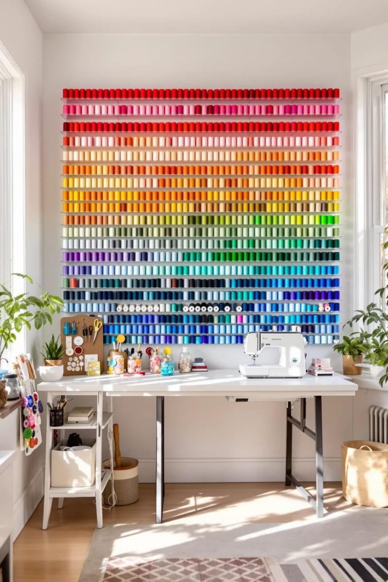 15 sewing room organization ideas to remove and inspire creativity 3 Rainbow thread wall display with floating acrylic shelves for immediate color-coded inspiration 1