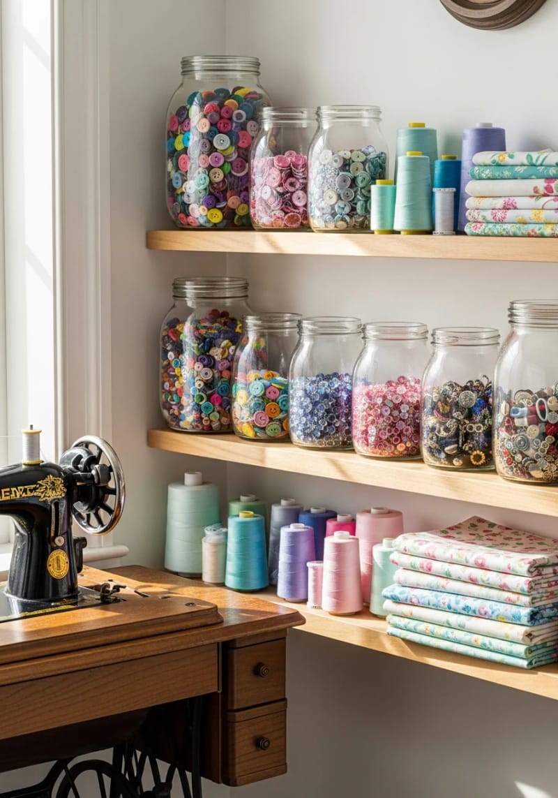 15 sewing room organization ideas to remove and inspire creativity 13 Sort glasses with wooden ladders for button and decoration 1