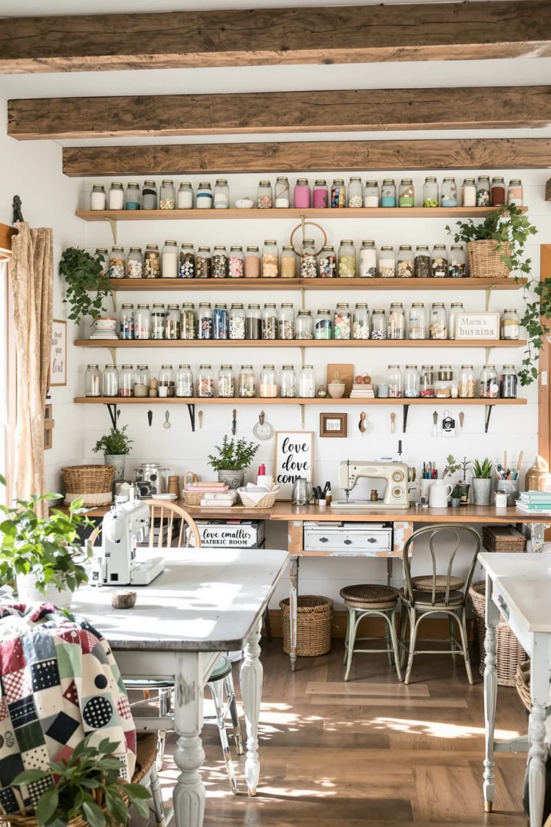 15 sewing room organization ideas to declare and inspire creativity 14 Sort glasses with wooden ladders for button and decoration 1