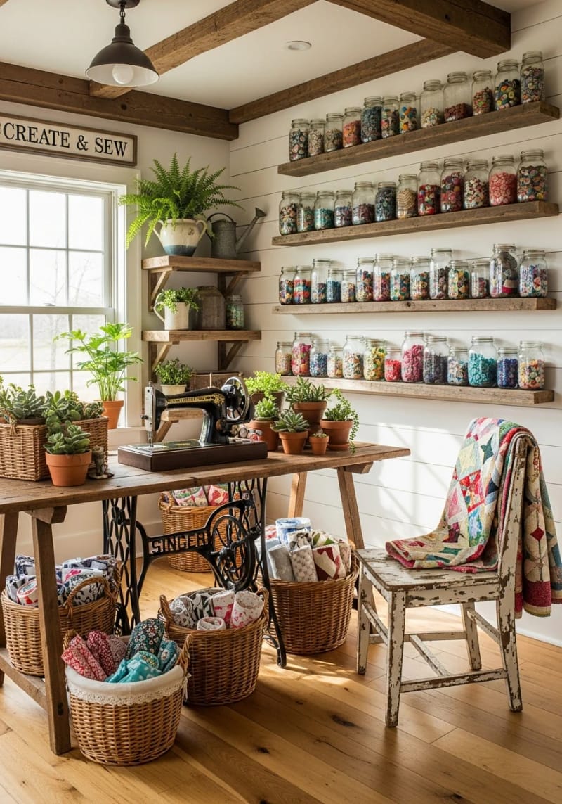 15 sewing room organization ideas to declare creativity and inspire 15 Sort glasses with wooden ladders for button and decoration 1