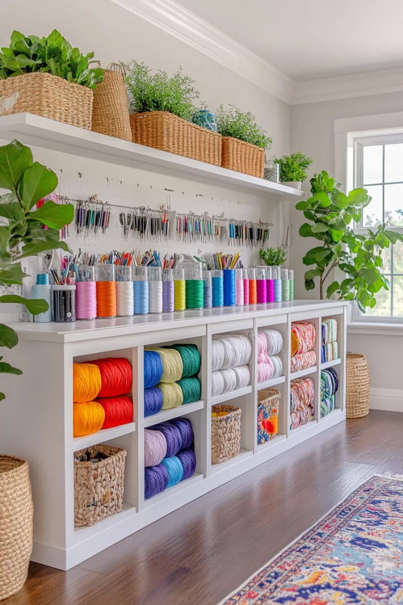 15 sewing room organization ideas to remove and inspire creativity 6 Repurposed Ikea Kallax cubes for fabric stacks and vintage basket memory 1