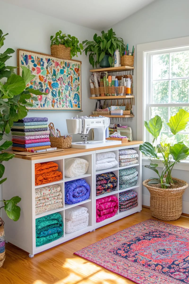 15 sewing room organization ideas to declare and inspire creativity 7 Repurposed Ikea Kallax cubes for fabric stacks and vintage basket memory 1