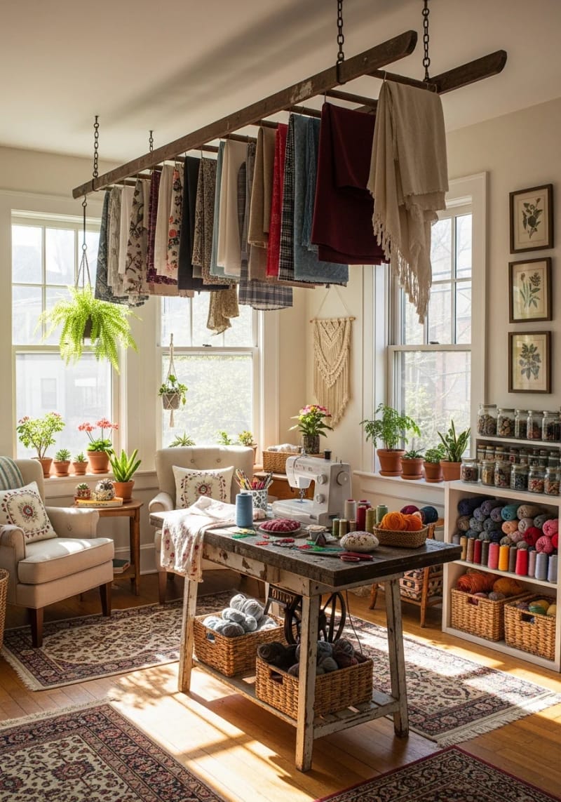 Covered ladder as fabric hangers and display -rack 1