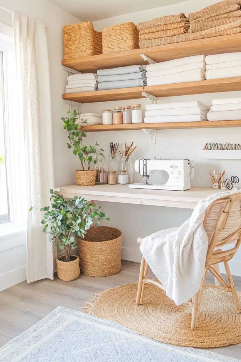 Scandinavian inspired closeness with white walls and pine shelves 1