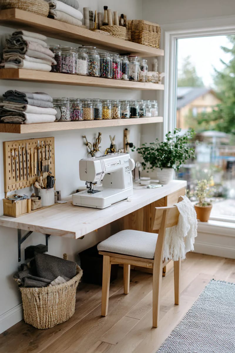 Scandinavian inspired closeness with white walls and pine shelves 1
