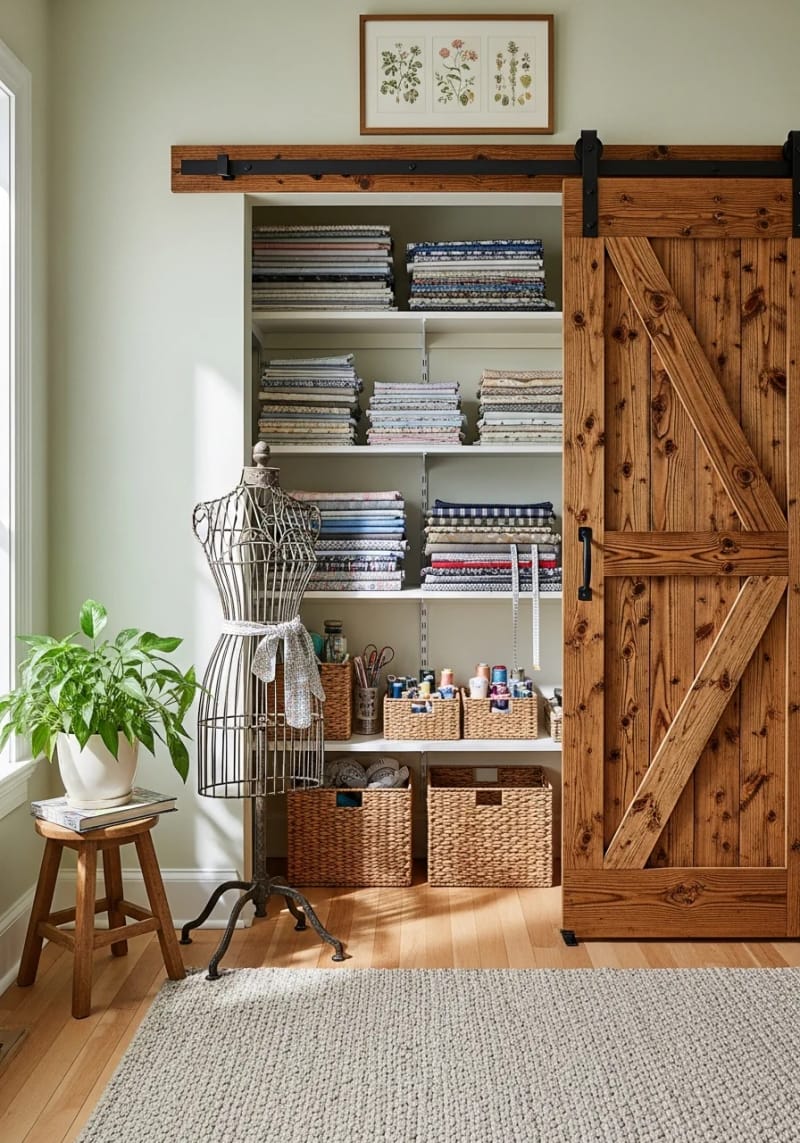 Sliding door cabinet for hidden fabric storage 1