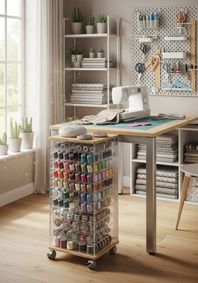 15 sewing room organization ideas to declare and inspire creativity 11 Slant vertical trolley for easily accessible coil, thread and pin memory 1