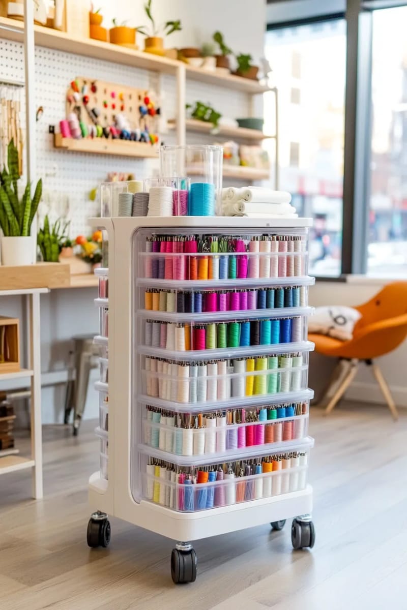 15 sewing room organization ideas to declare and inspire creativity 12 Slant vertical trolley for easily accessible coil, thread and pin memory 1