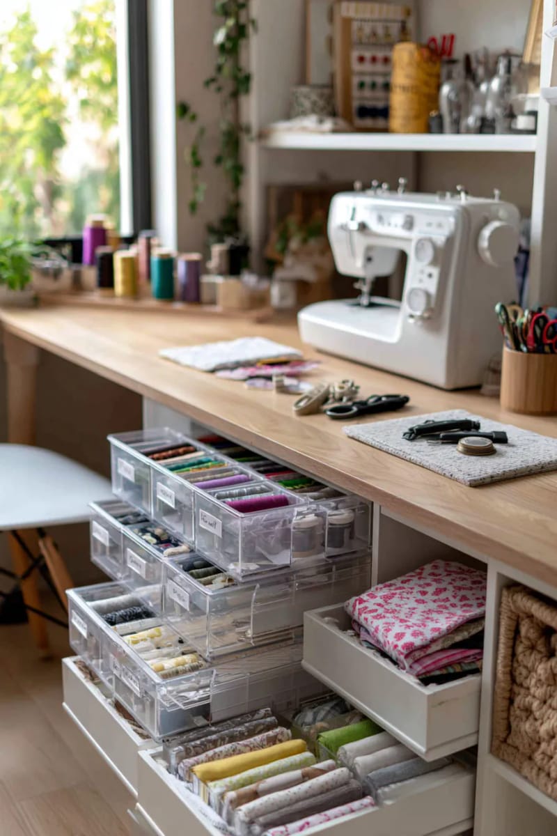 15 sewing room organization ideas to declare creativity and inspire 24 Tiny labeled drawers for zippers, snapshots and elastic - perfect for small rooms 1