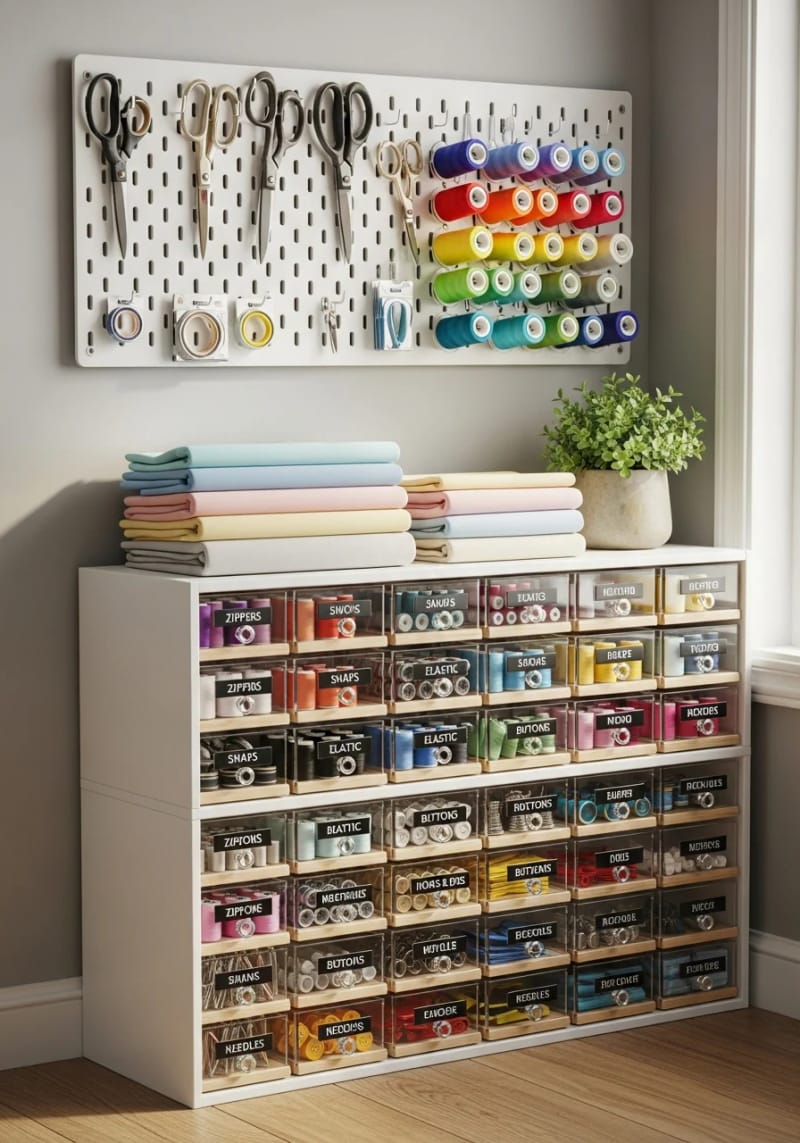 15 sewing room organization ideas to declare and inspire creativity 25 Tiny labeled drawers for zippers, snapshots and elastic - perfect for small rooms 1