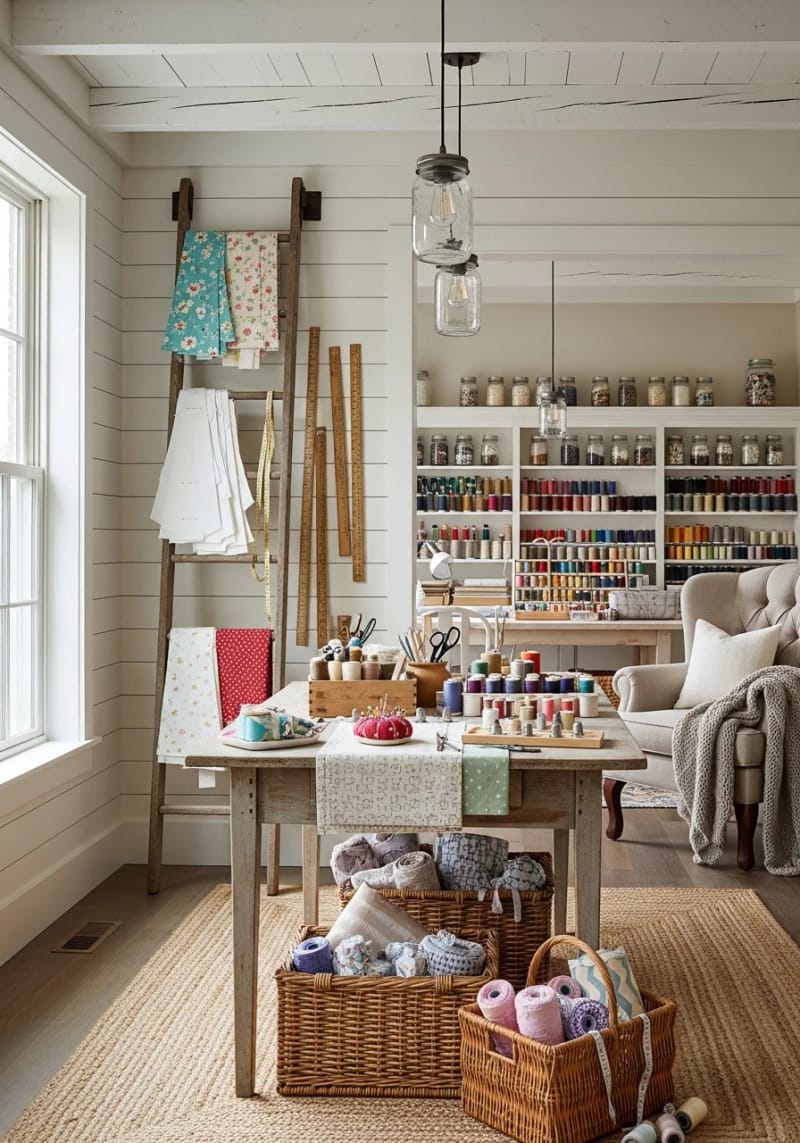 15 sewing room organization ideas to remove and inspire creativity 29 Vintage Laden leaned against the wall to go to drapier patterns and rulers 1