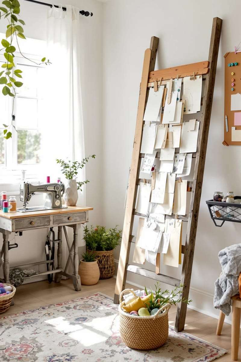 15 sewing room organization ideas to remove and inspire creativity 30 Vintage Laden leaned against the wall to go to drapier patterns and rulers 1